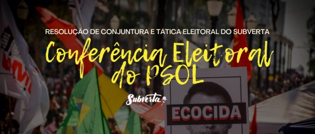 Card colorido, o fundo é a imagem de um protesto contra Bolsonaro, aparacem muitas bandeiras levantadas e em destaque está um poster com o rosto de Bolsonaro e a palavra 